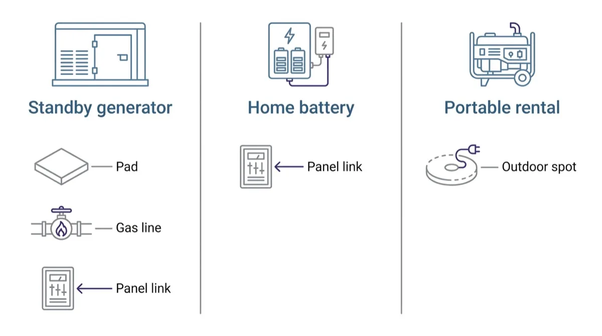 A three column comparison diagram of a standby generator, a home battery and a portable rental, showing that the generator needs a pad, a gas line and a panel link, the battery needs a panel link, and the rental needs an outdoor spot.