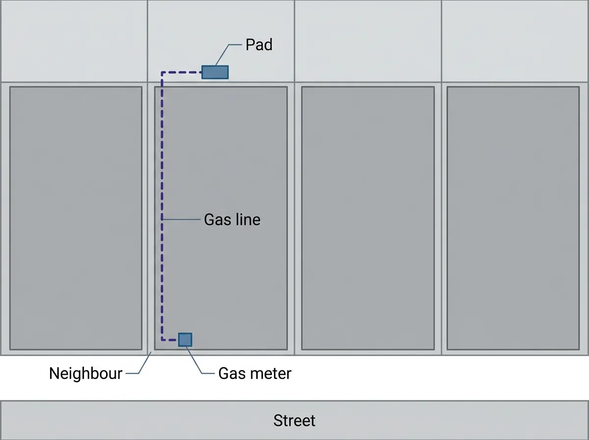 An overhead plan of a row of attached townhouses with a gas meter at the street side of one unit and a generator pad in its back yard, with a long dashed gas line running the length of the unit beside the wall it shares with the neighbour.