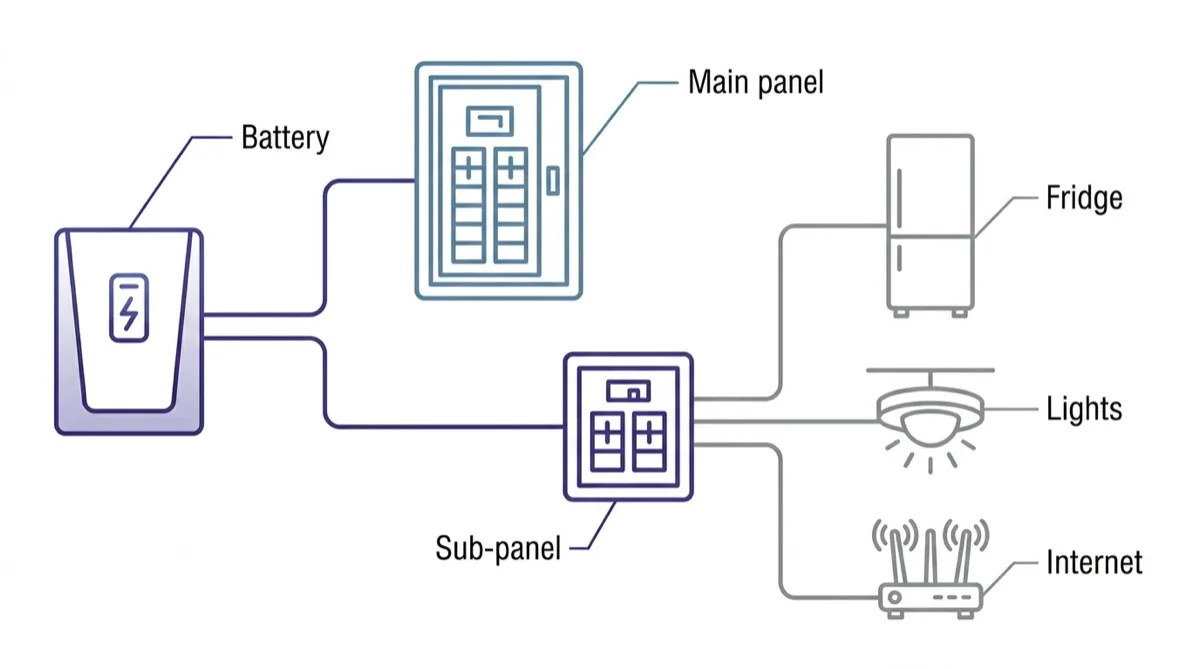 A diagram of a home battery wired to a main panel and a separate sub-panel that alone feeds the fridge, the lights and the internet router.