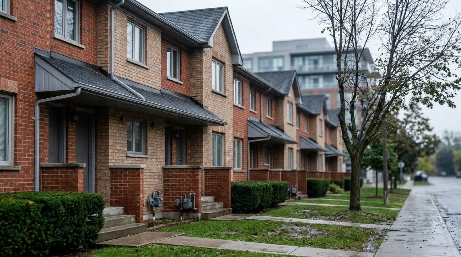A row of attached red and buff brick townhouses on a wet Toronto street under a grey sky, with gas meters beside the front steps, clipped hedges and a mid-rise condominium building in the background.