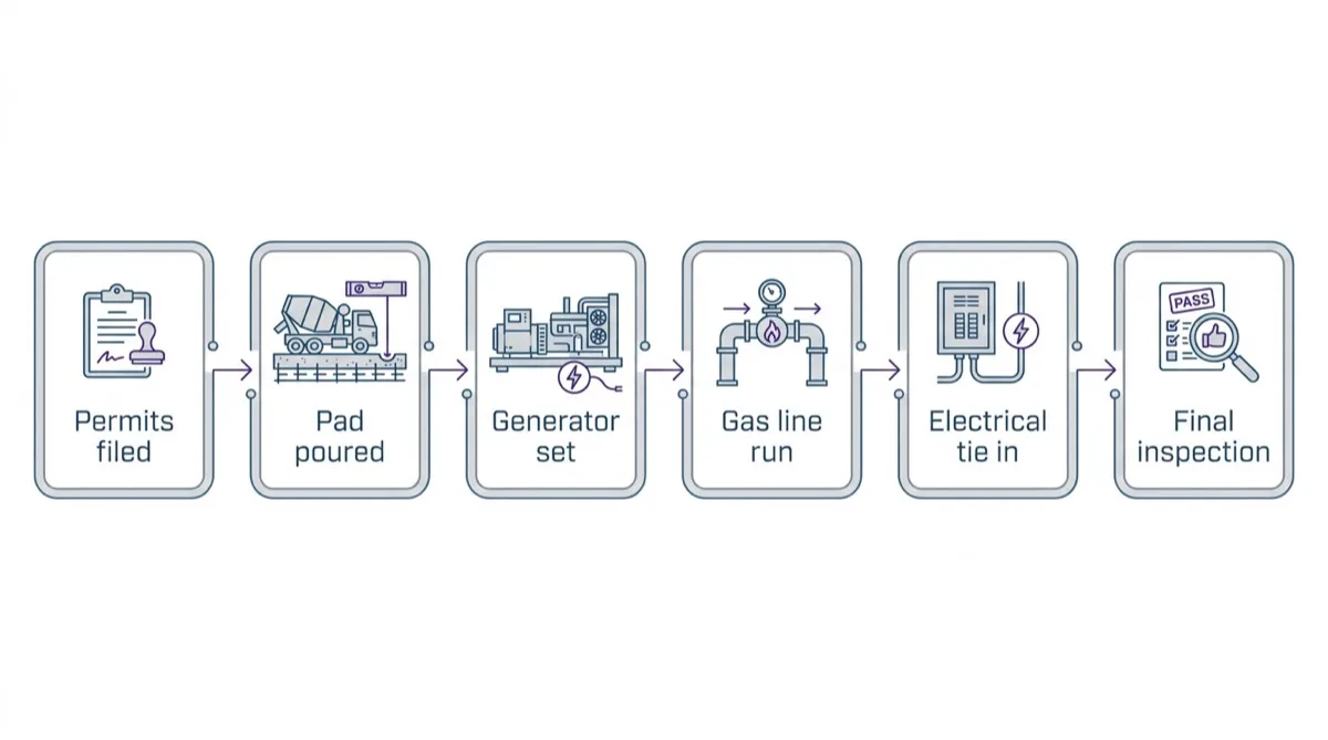 A six step flow diagram of a standby generator installation, running from permits filed through pad poured, generator set, gas line run, electrical tie in and final inspection.
