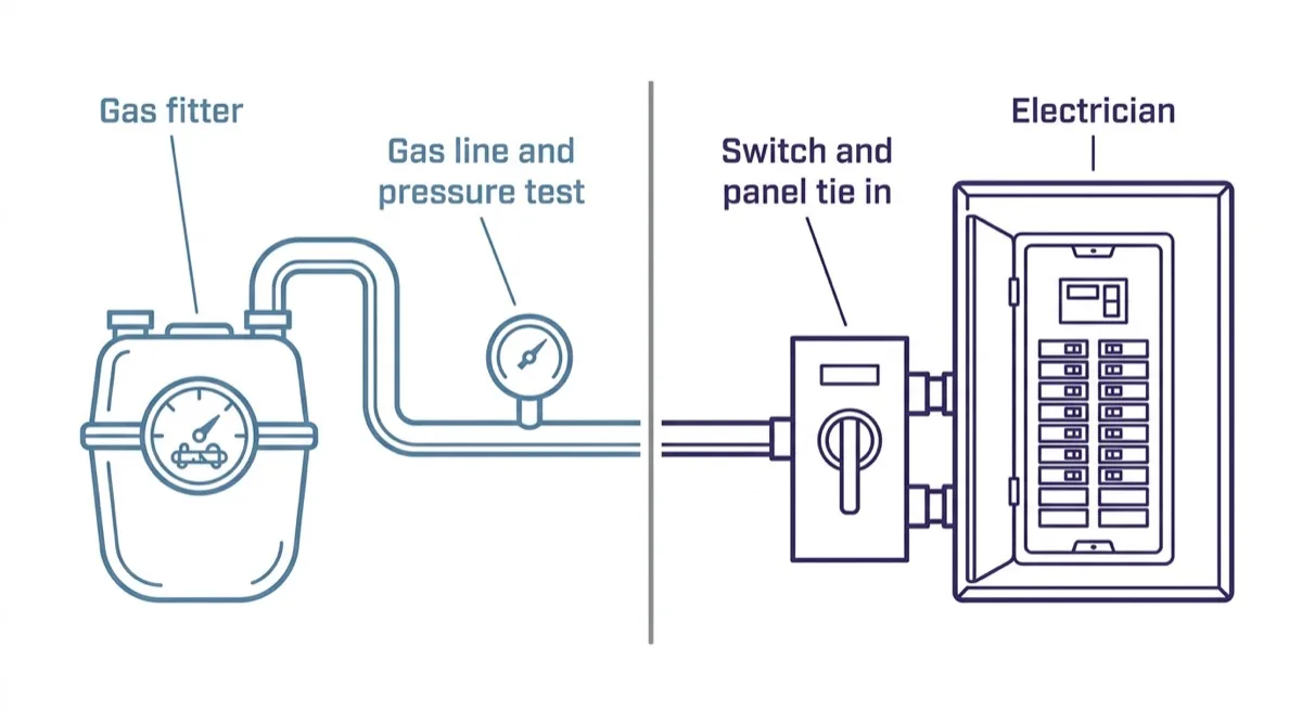 A split diagram contrasting the gas fitter's scope, covering the gas line and pressure test, with the electrician's scope, covering the transfer switch and the panel tie in.
