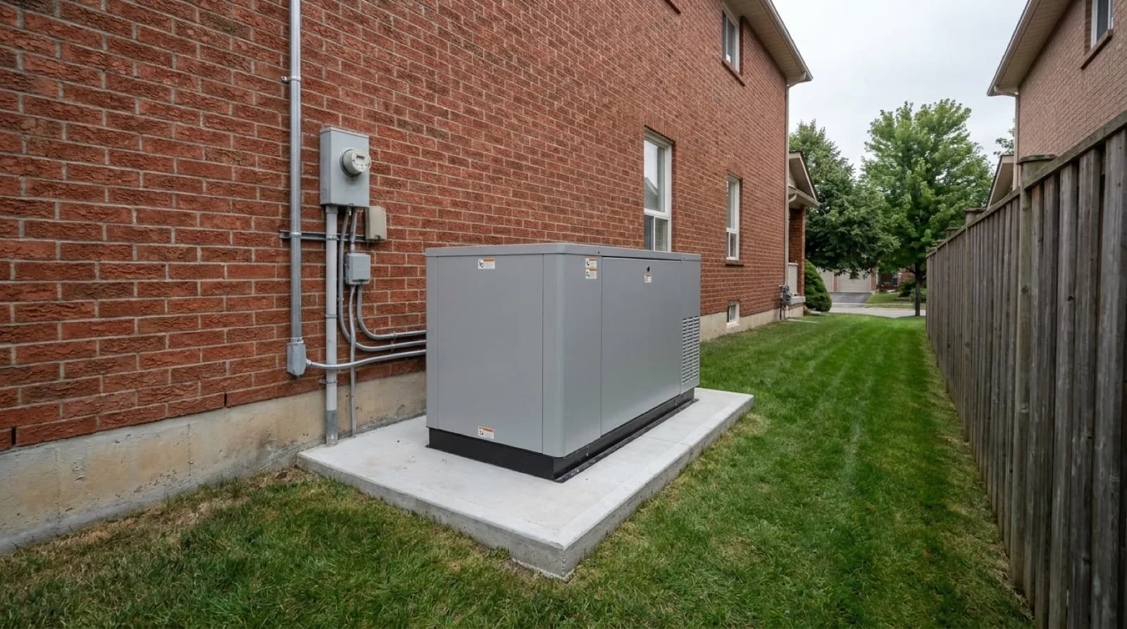A grey standby generator standing on a new concrete pad at the side of a red brick Ontario house, with a gas meter and grey conduit on the wall behind it.