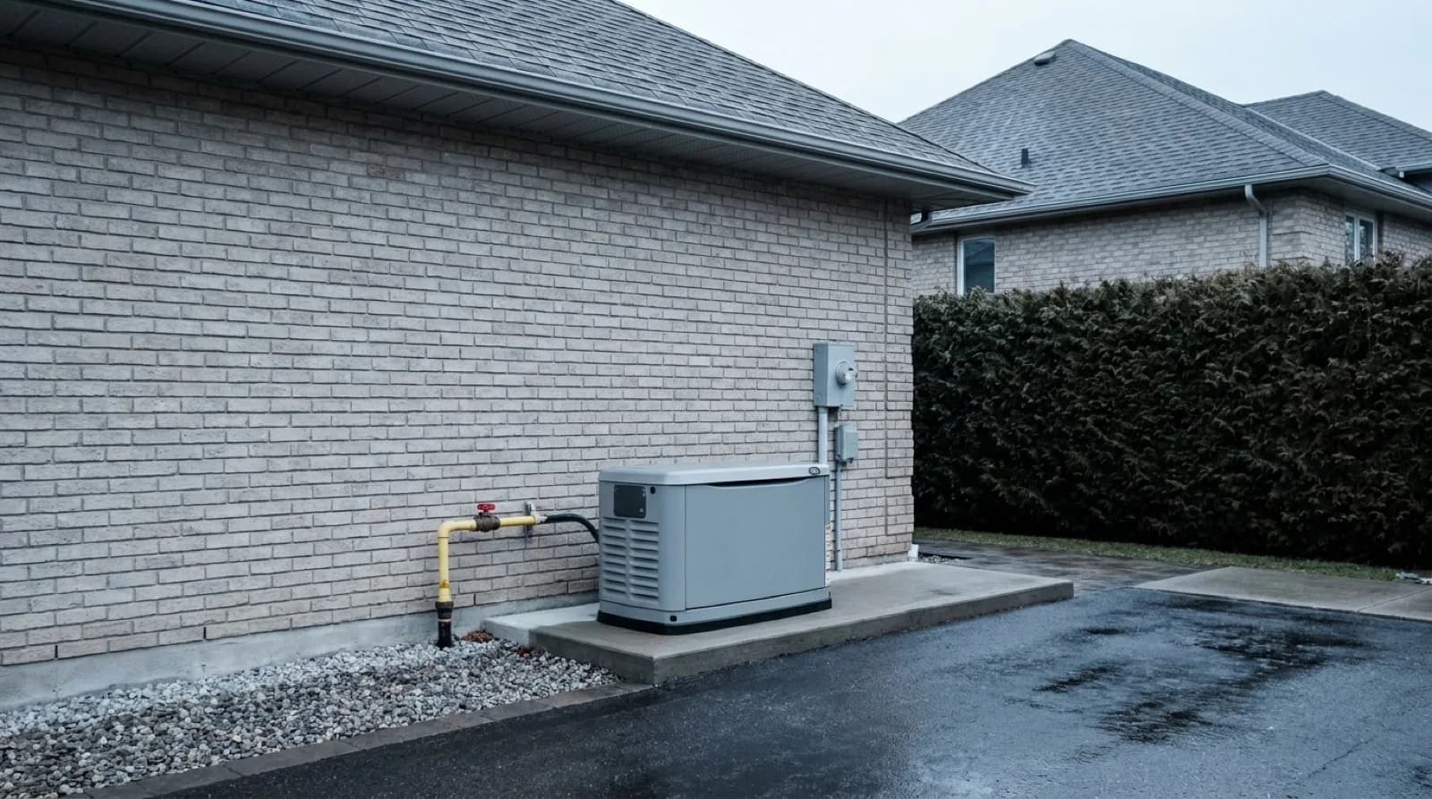 A natural gas standby generator on a concrete pad against a brick Ontario house wall, with the gas riser and shut off valve and a sealed electrical disconnect visible beside it.