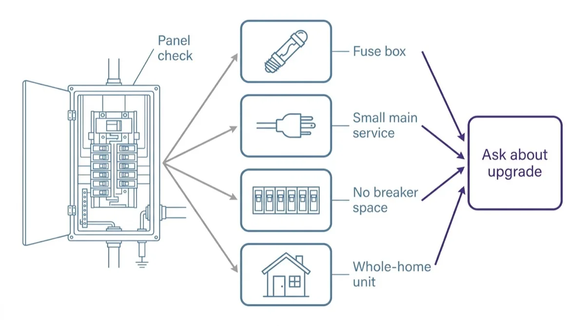 A diagram of a main electrical panel with four warning signs beside it, a fuse box, a small main service, no breaker space and a whole-home unit, each leading to one result box that says to ask about an upgrade.
