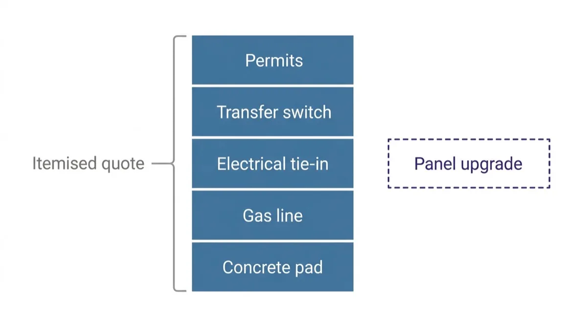 A diagram of an itemised generator quote as five stacked blocks, concrete pad, gas line, electrical tie-in, transfer switch and permits, with a dashed panel upgrade block standing outside the stack.