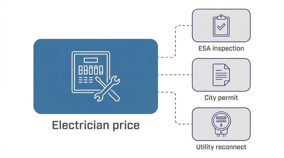A diagram with a central block for the electrician's price and three smaller blocks beside it for the ESA inspection, the city permit and the utility reconnect, each joined by a dashed line.