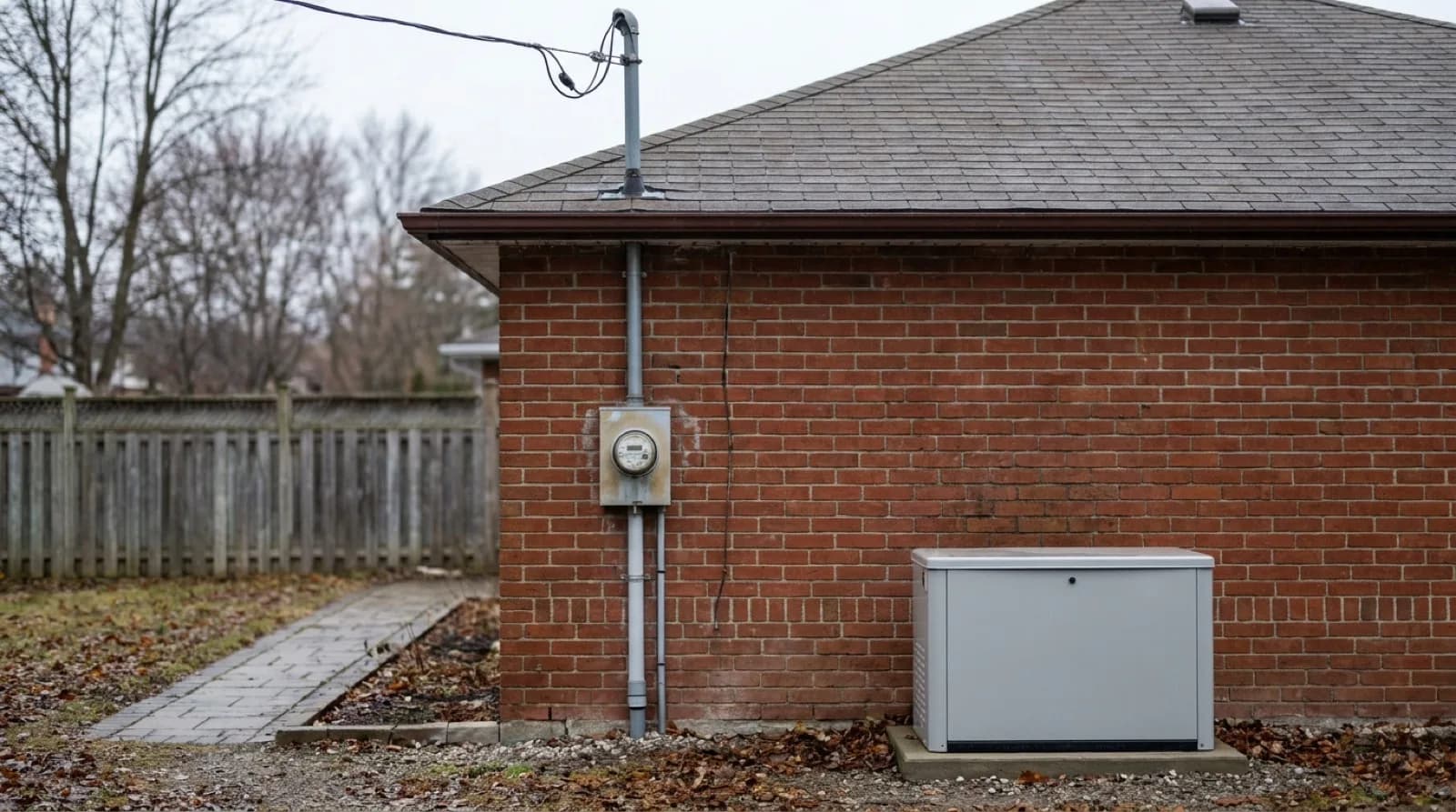 The side wall of a red brick Toronto house with an electricity meter, an overhead service mast and grey conduit, and a grey standby generator enclosure on a concrete pad beside it.