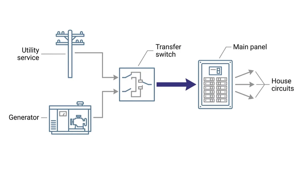 A chain diagram showing the utility service and the generator both feeding a transfer switch, whose single output feeds the main panel and the house circuits.