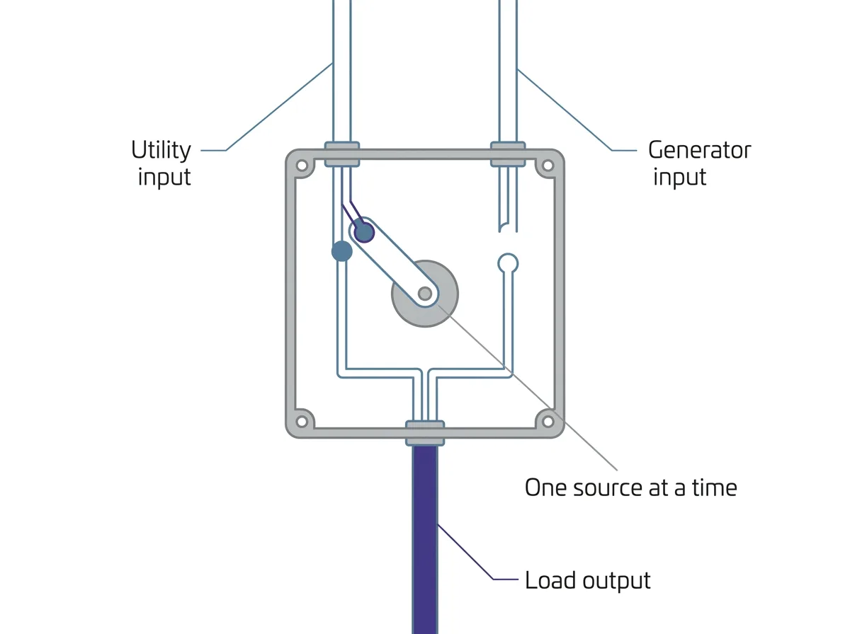A cutaway of a transfer switch enclosure showing two supply inputs, a single load output, and the mechanism that keeps the two sources from ever being connected together.