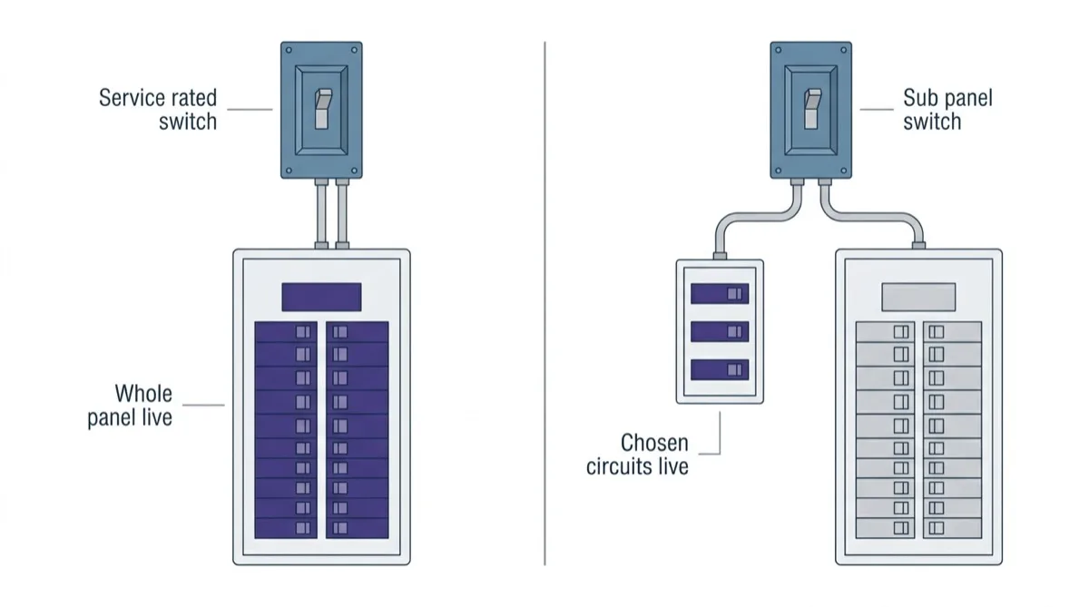 A side by side comparison of a service rated switch ahead of the whole panel against a smaller switch feeding only a sub panel of chosen circuits.