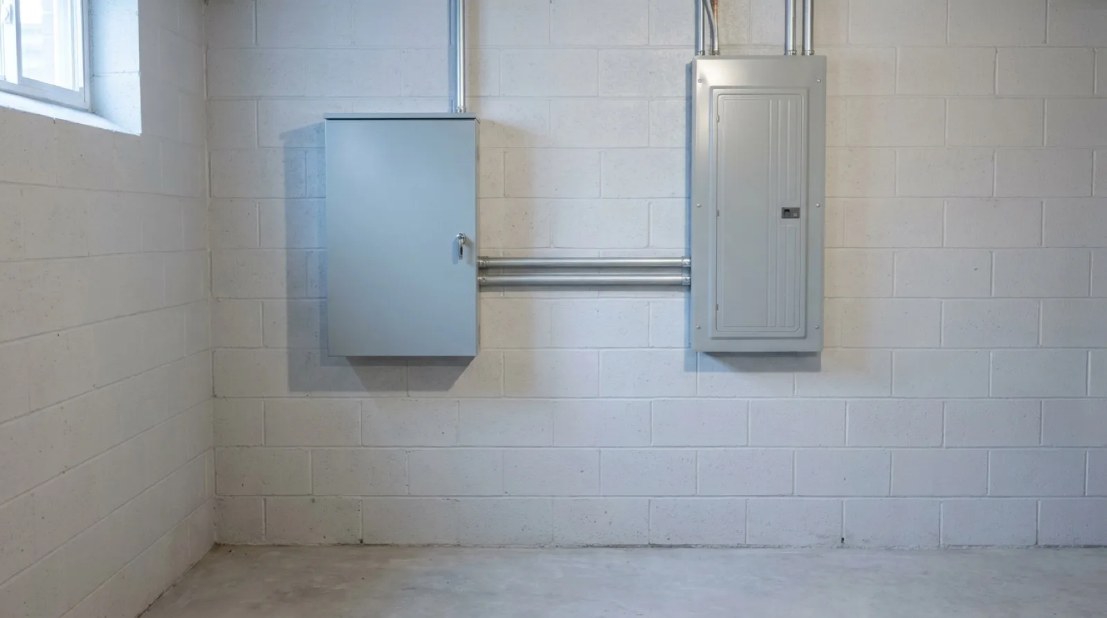 A grey automatic transfer switch enclosure mounted on a tidy basement wall beside a modern breaker panel, joined by neat runs of metal conduit.