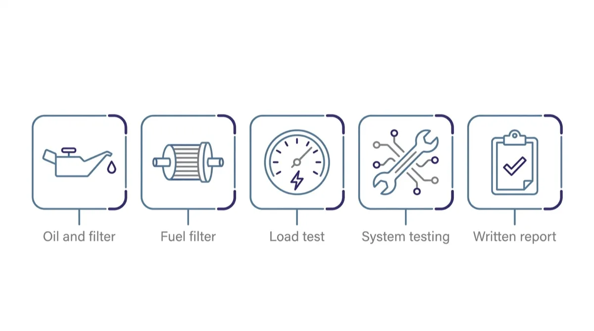 Five items an Ontario annual generator service visit covers: oil and filter, fuel filter, a load test, system testing and a written report.