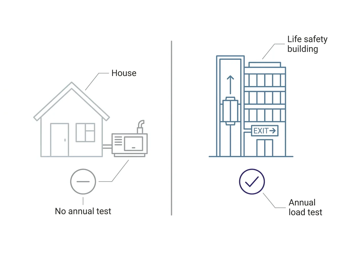 A comparison showing that a house on a standby generator has no annual load bank test obligation while a building whose life safety systems depend on one does.