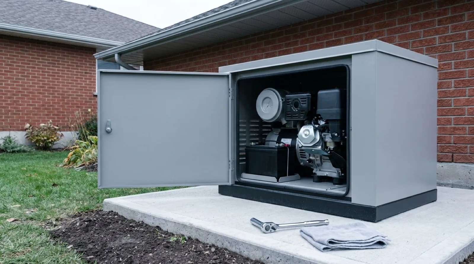 A standby generator with its side panel open on a concrete pad, showing the engine, air filter and starting battery, with a socket wrench and a clean cloth laid out beside it.