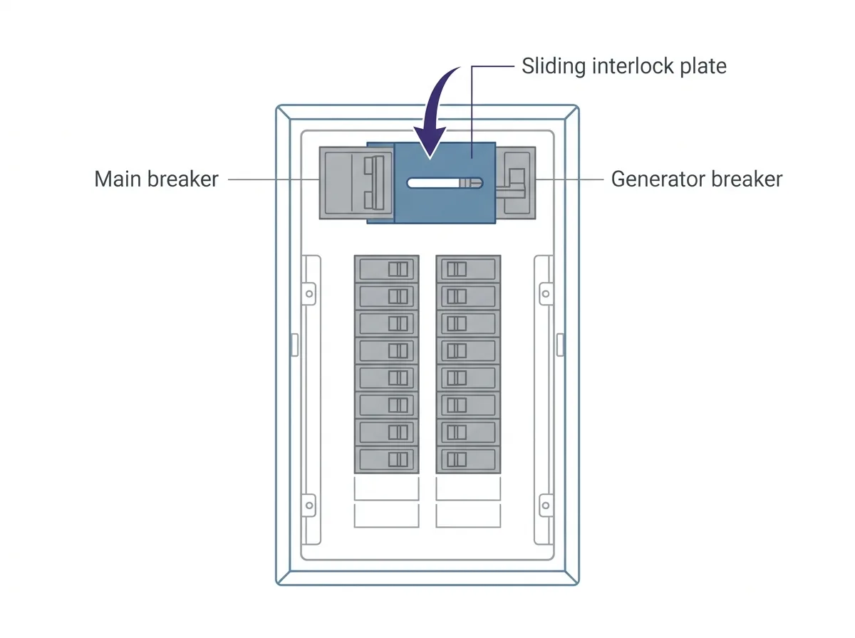 A diagram of an interlock kit on a breaker panel face, showing the sliding plate that makes it impossible to switch the main breaker and the generator breaker on at the same time.