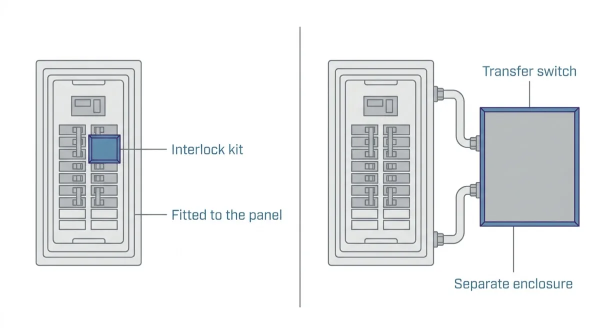 A side by side comparison of an interlock kit fitted to the face of an existing panel against a transfer switch installed as a separate enclosure beside the panel.