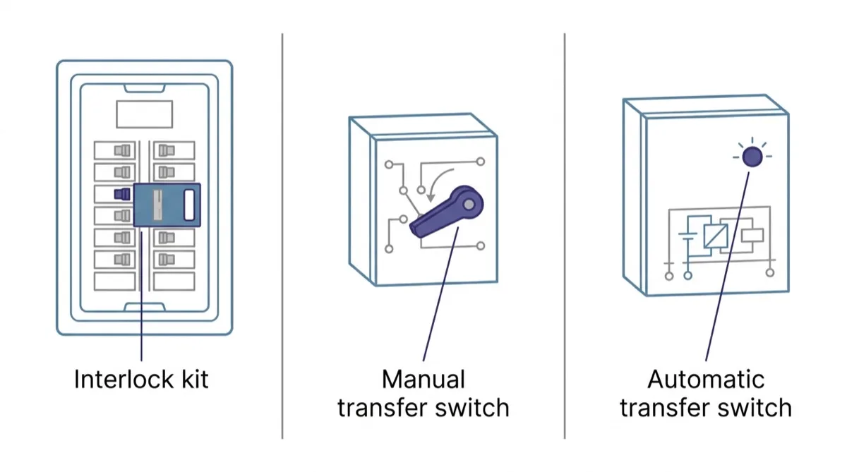 Three approved transfer methods drawn side by side: an interlock kit, a manual transfer switch and an automatic transfer switch.