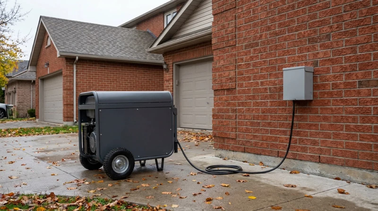 A portable generator standing on a driveway beside a brick house, with a power inlet box mounted on the wall and a heavy cord running to it.