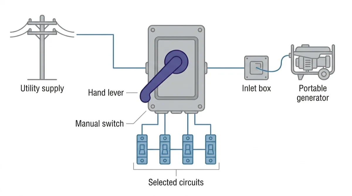 A flat diagram of a manual transfer switch in the centre, with the utility supply on one side, a portable generator and wall inlet box on the other, and a small group of selected circuits fed from the switch.