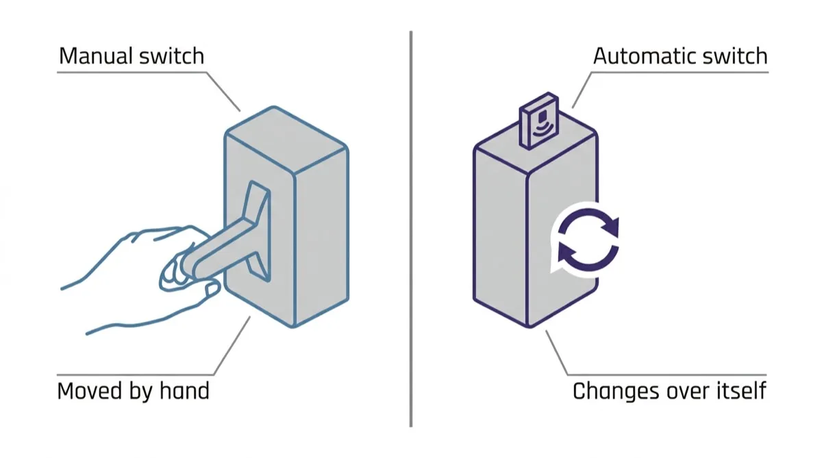 A side by side diagram contrasting a manual switch moved by a hand with an automatic switch that changes over by itself.