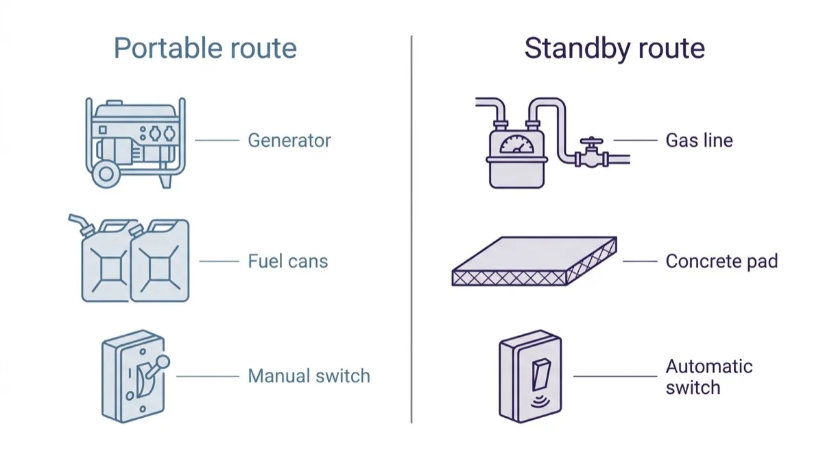 A two column diagram comparing a portable route, with a portable generator, fuel cans and a manual switch, against a standby route, with a gas line, a concrete pad and an automatic switch.