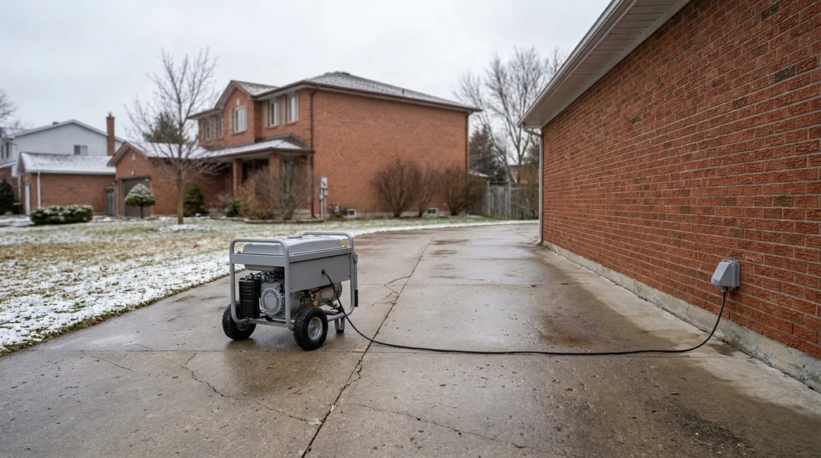 A grey portable generator standing well out on the driveway of a red brick Ontario house under an overcast sky, with a long uncoiled power cord running to a small weatherproof inlet box on the brick wall.