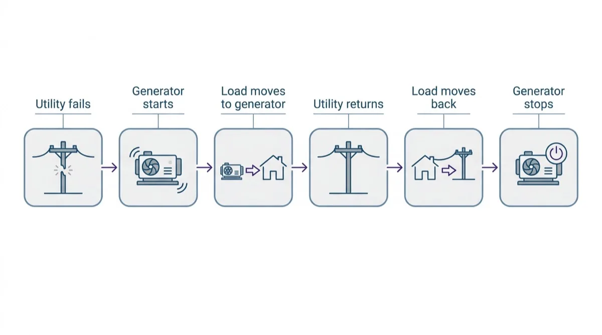 A six-step flow diagram: utility fails, generator starts, load moves to generator, utility returns, load moves back, generator stops.