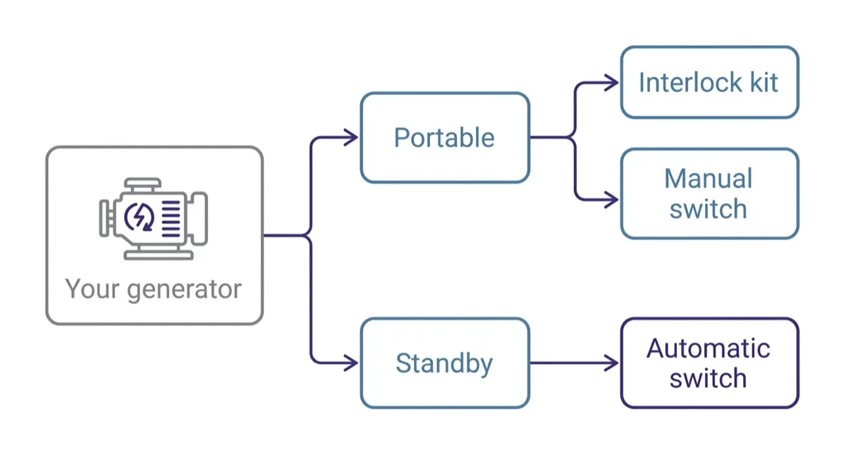 A decision diagram: a portable generator branches to an interlock kit or a manual switch, and a standby generator leads to an automatic switch.