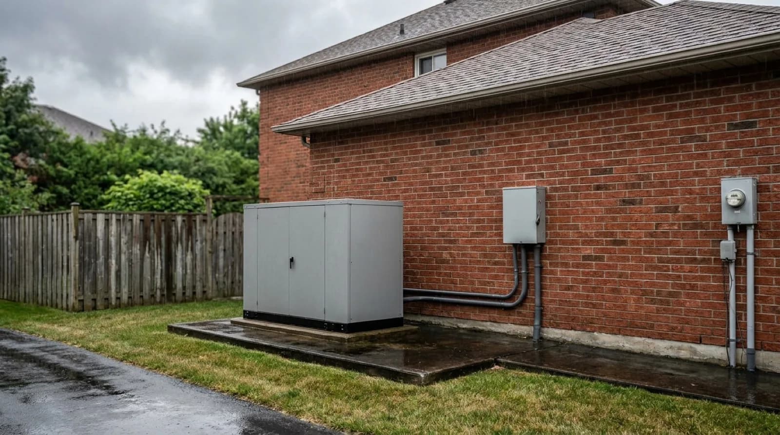 A grey standby generator on a concrete pad beside a red brick Ontario house, with a plain grey switch enclosure, conduit and an electricity meter on the wall behind it.