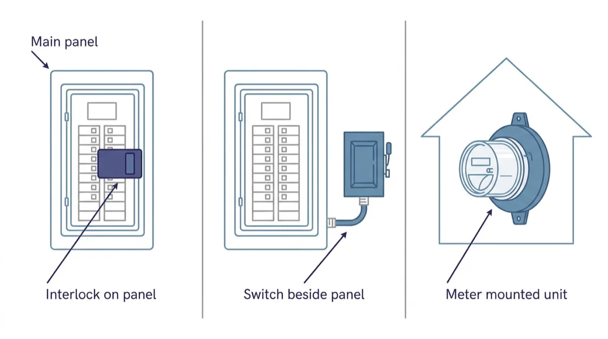 A three-panel diagram comparing where each backup connection sits: an interlock plate on the main panel, a separate switch box beside the panel, and a unit mounted at the electricity meter outside.