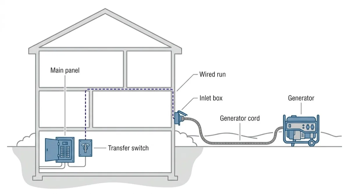 A cutaway of a two-storey house showing the main panel and transfer switch on a basement wall, a wired run to an inlet box on the outside wall, and a cord leading to a portable generator in the yard.