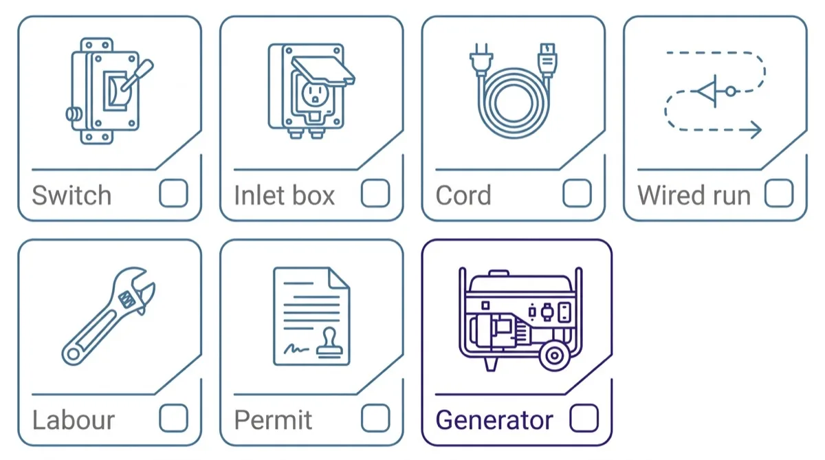 A checklist diagram of the items a transfer switch quote can cover: switch, inlet box, cord, wired run, labour, permit and generator, each with a simple line icon.