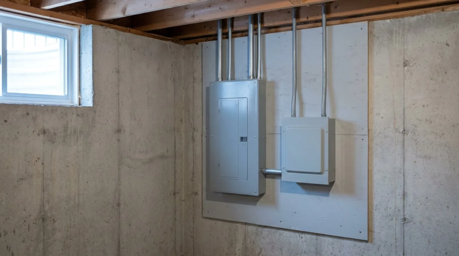 A grey metal transfer switch enclosure mounted beside a main breaker panel on the unfinished concrete wall of an Ontario basement, with grey conduit rising from both boxes to the wooden floor joists above.